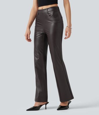 Mid Rise Stretchy PU Bootcut Casual Trousers with Pockets Mid Rise Stretchy PU Bootcut Casual Trousers with Pockets