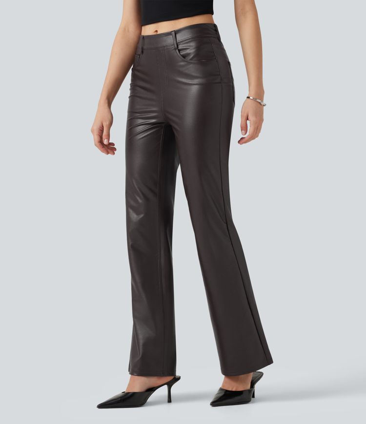 Mid Rise Stretchy PU Bootcut Casual Trousers with Pockets Mid Rise Stretchy PU Bootcut Casual Trousers with Pockets
