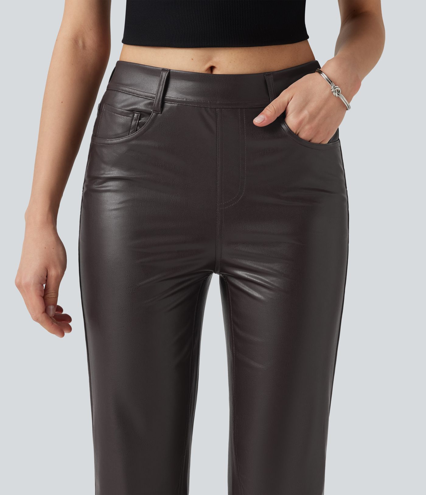 Mid Rise Stretchy PU Bootcut Casual Trousers with Pockets Mid Rise Stretchy PU Bootcut Casual Trousers with Pockets