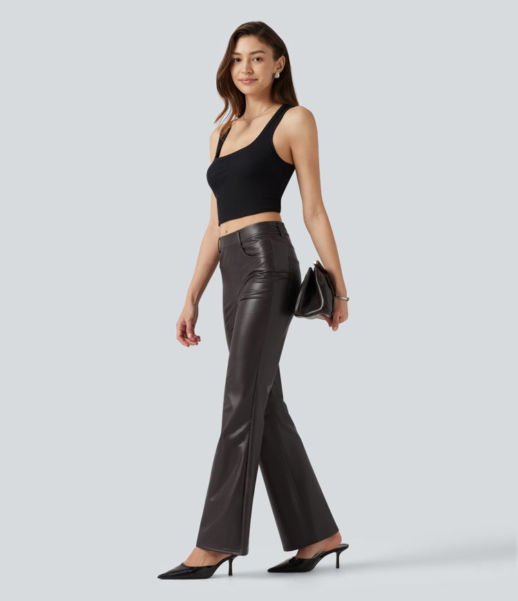 Mid Rise Stretchy PU Bootcut Casual Trousers with Pockets Mid Rise Stretchy PU Bootcut Casual Trousers with Pockets