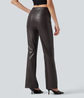 Mid Rise Stretchy PU Bootcut Casual Trousers with Pockets Mid Rise Stretchy PU Bootcut Casual Trousers with Pockets
