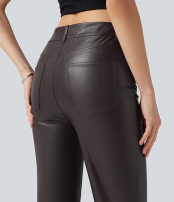 Mid Rise Stretchy PU Bootcut Casual Trousers with Pockets Mid Rise Stretchy PU Bootcut Casual Trousers with Pockets