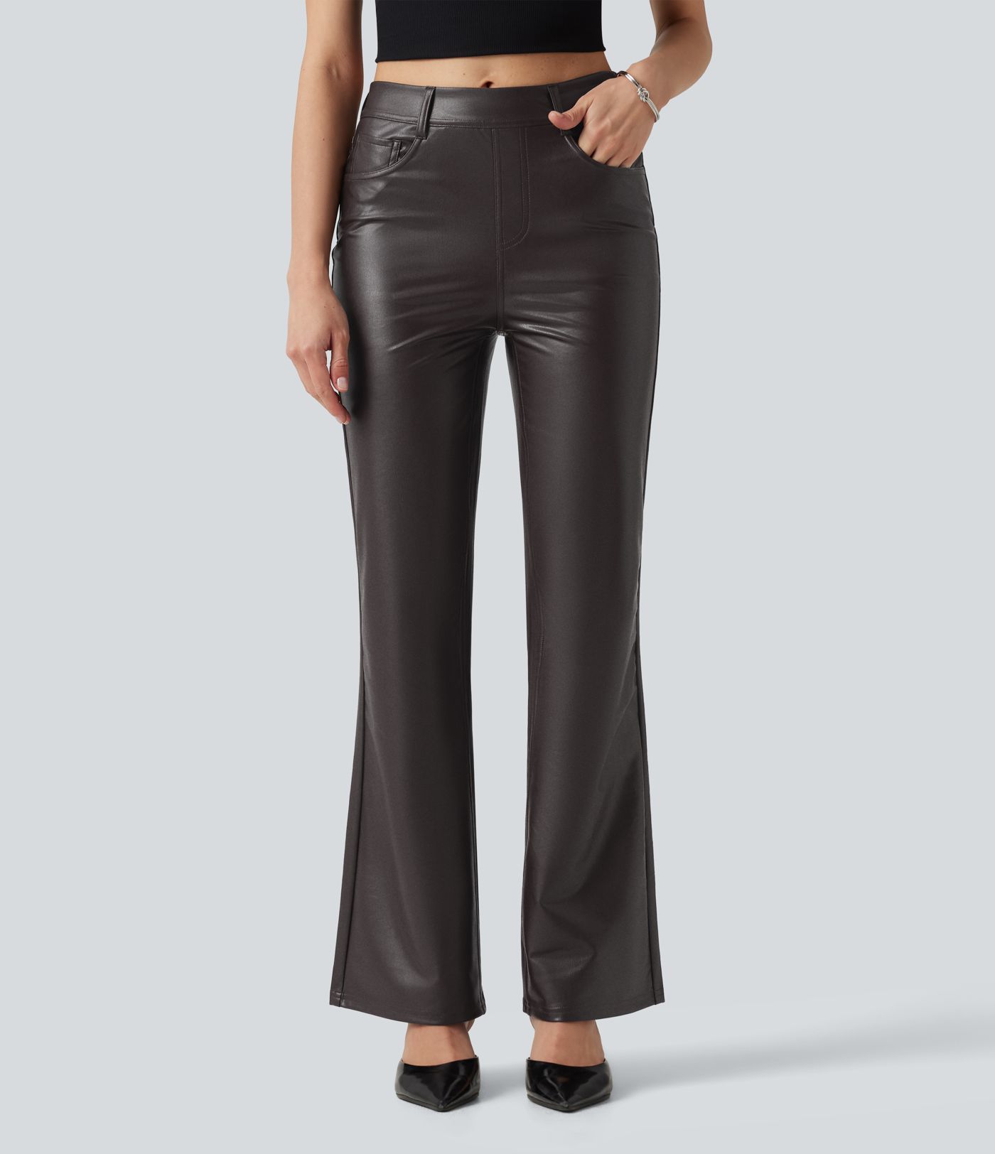 Mid Rise Stretchy PU Bootcut Casual Trousers with Pockets Mid Rise Stretchy PU Bootcut Casual Trousers with Pockets