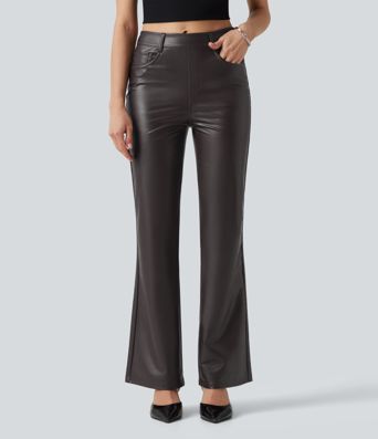 Mid Rise Stretchy PU Bootcut Casual Trousers with Pockets Mid Rise Stretchy PU Bootcut Casual Trousers with Pockets