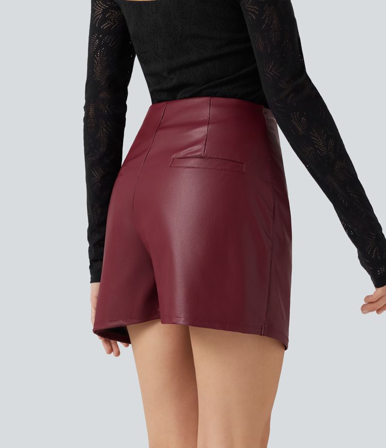 Falda-pantalón mini casual de PU elástico, de talle alto, fruncido y con bolsillos Falda-pantalón mini casual de PU elástico, de talle alto, fruncido y con bolsillos