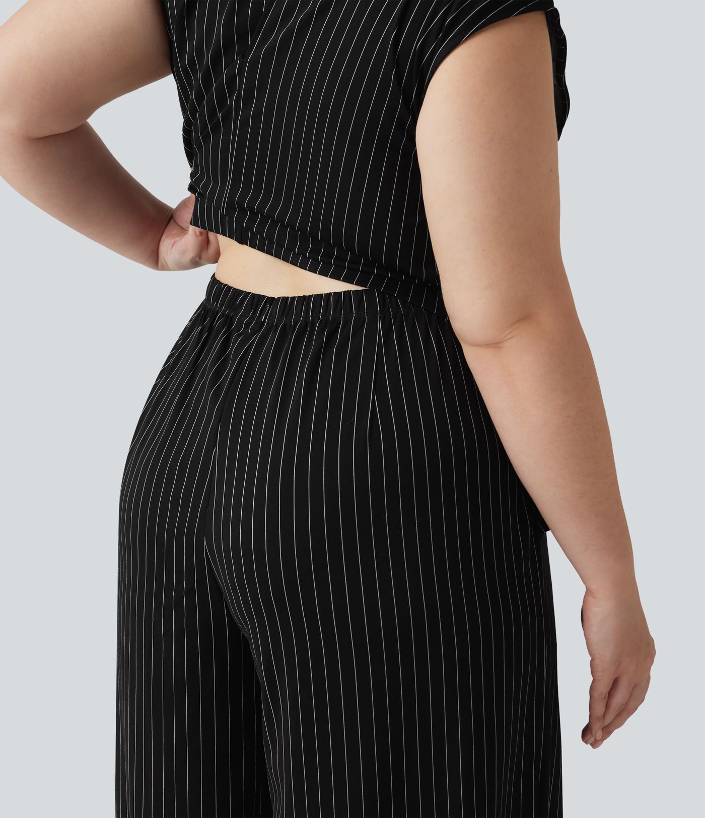Plus Size Boat Neck Sleeveless Tie Side Cool Touch Stripe Work Jumpsuit with Pockets-Easy Peezy Edition