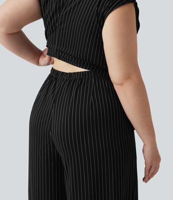 Plus Size Boat Neck Sleeveless Tie Side Cool Touch Stripe Work Jumpsuit with Pockets-Easy Peezy Edition