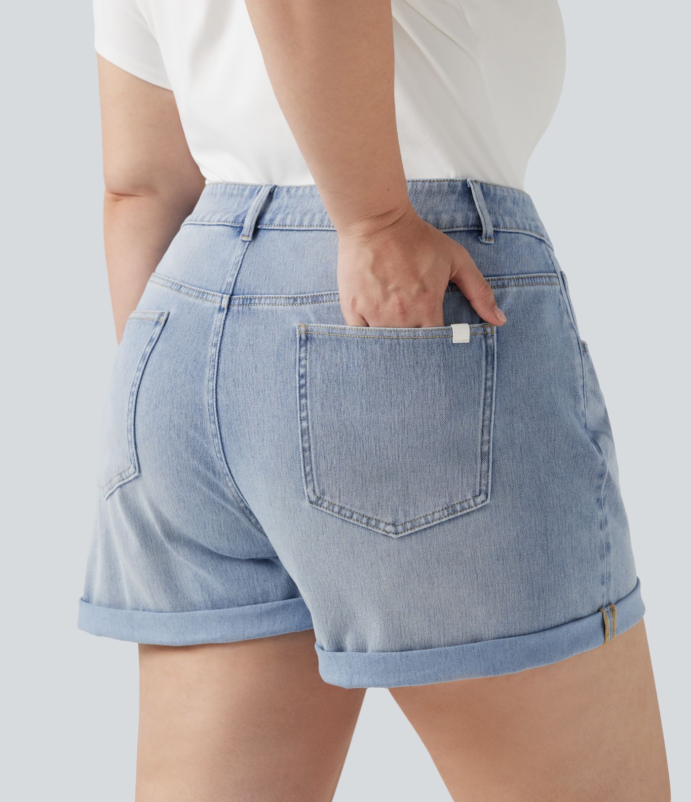 Plus Size Halara Flex™ Asymmetric High Waisted Rolled Hem Washed Denim Casual Shorts with Pockets