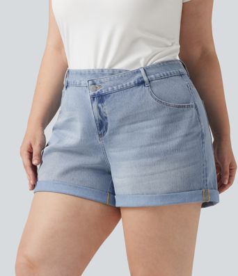 Plus Size Halara Flex™ Asymmetric High Waisted Rolled Hem Washed Denim Casual Shorts with Pockets