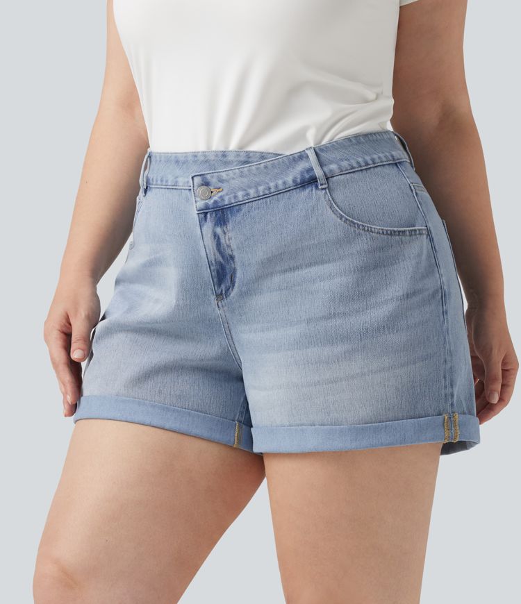 Plus Size Halara Flex™ Asymmetric High Waisted Rolled Hem Washed Denim Casual Shorts with Pockets