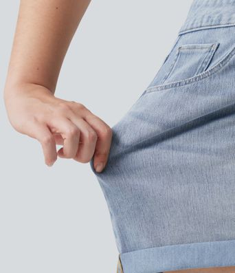 Plus Size Halara Flex™ Asymmetric High Waisted Rolled Hem Washed Denim Casual Shorts with Pockets