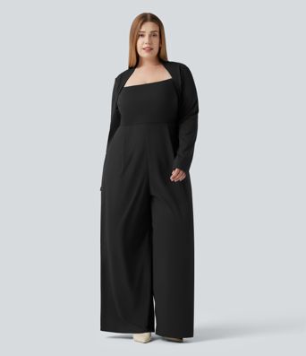 Plus Size Built-in Bra Long Sleeve Wide Leg Jumpsuit