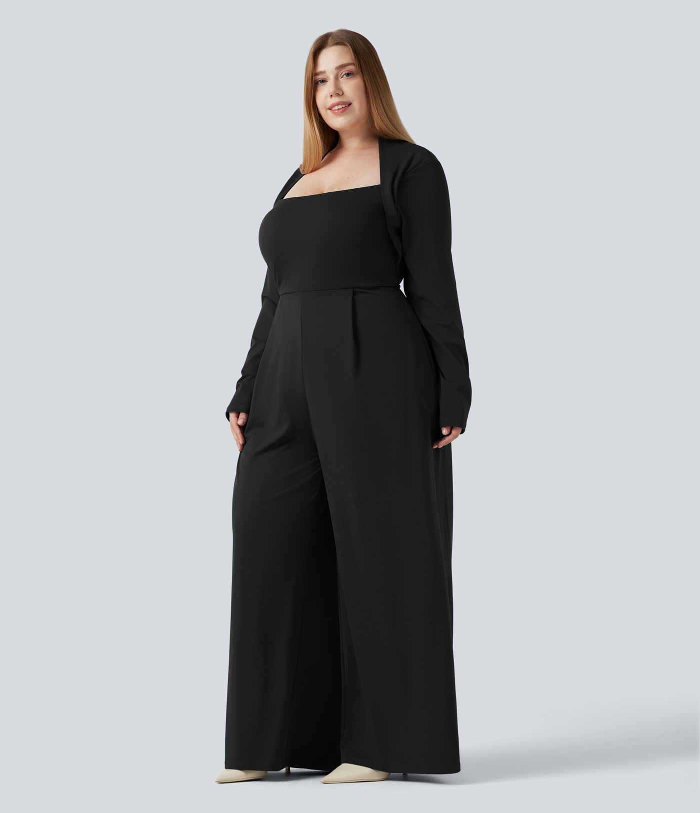 Plus Size Built-in Bra Long Sleeve Wide Leg Jumpsuit