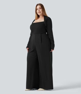 Plus Size Built-in Bra Long Sleeve Wide Leg Jumpsuit
