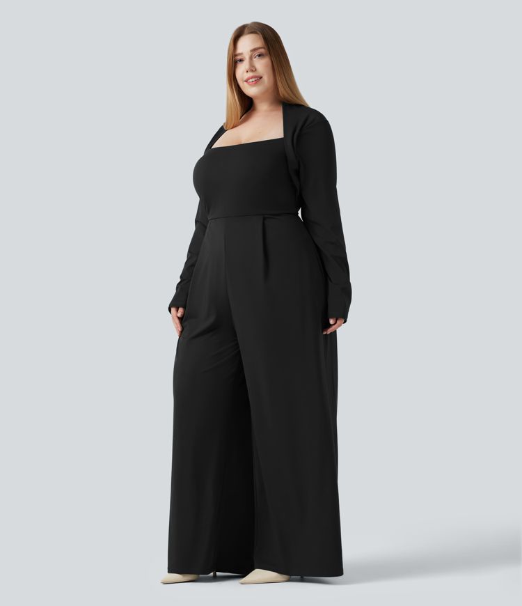 Plus Size Built-in Bra Long Sleeve Wide Leg Jumpsuit