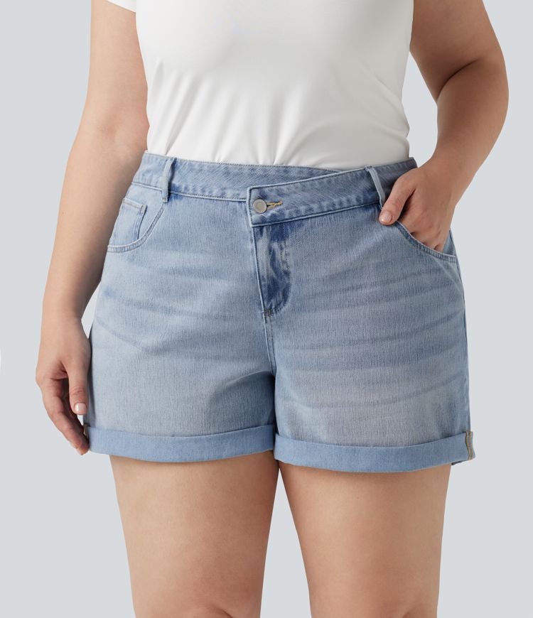 Plus Size Halara Flex™ Asymmetric High Waisted Rolled Hem Washed Denim Casual Shorts with Pockets