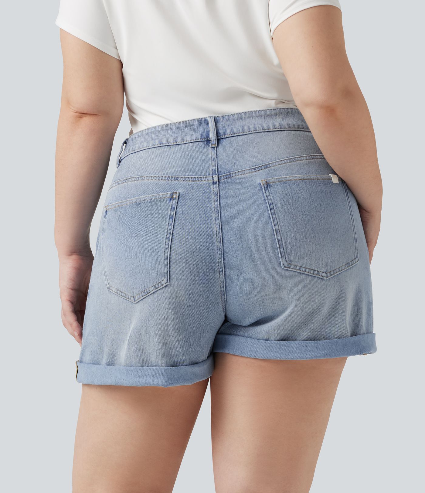 Plus Size Halara Flex™ Asymmetric High Waisted Rolled Hem Washed Denim Casual Shorts with Pockets