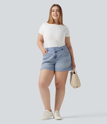 Plus Size Halara Flex™ Asymmetric High Waisted Rolled Hem Washed Denim Casual Shorts with Pockets