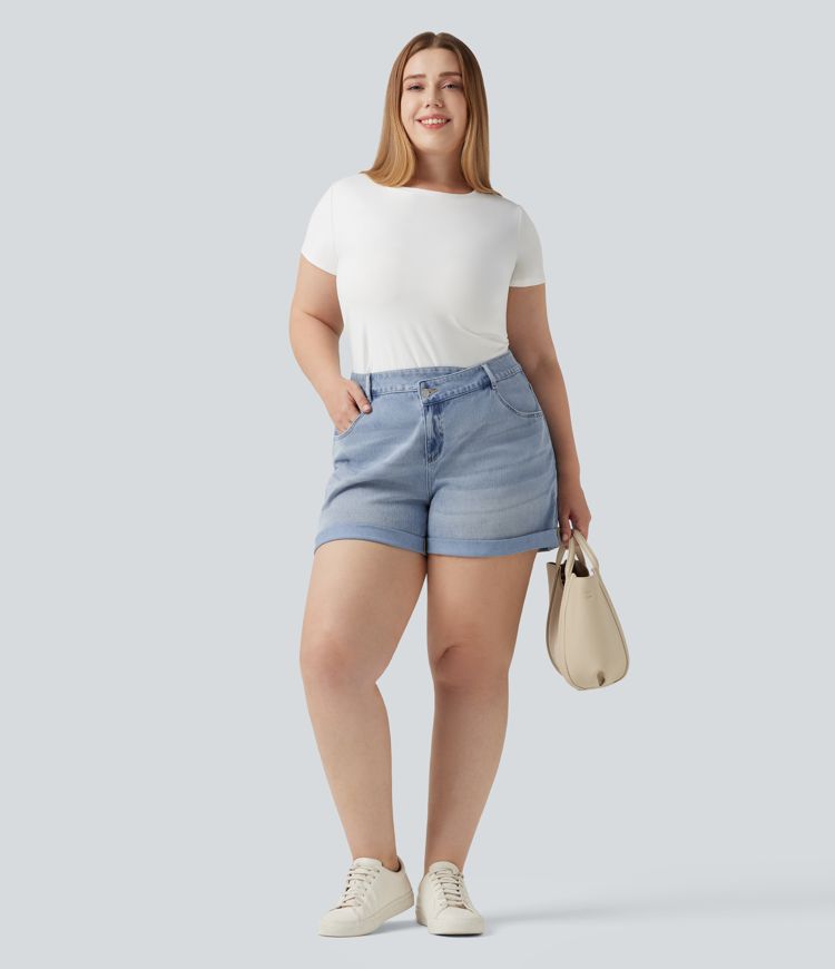 Plus Size Halara Flex™ Asymmetric High Waisted Rolled Hem Washed Denim Casual Shorts with Pockets