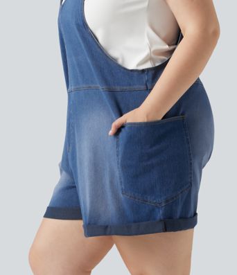 Plus Size Halara Flex™ V Neck Rolled Hem Washed Denim Casual Short Overalls with Pockets Plus Size Halara Flex™ V Neck Rolled Hem Washed Denim Casual Short Overalls with Pockets