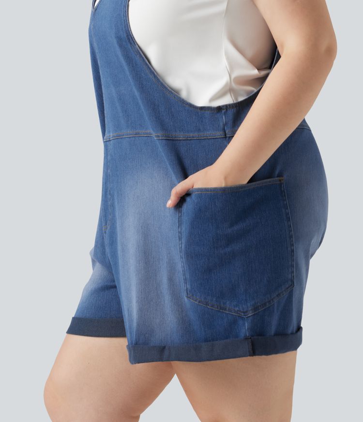 Plus Size Halara Flex™ V Neck Rolled Hem Washed Denim Casual Short Overalls with Pockets Plus Size Halara Flex™ V Neck Rolled Hem Washed Denim Casual Short Overalls with Pockets