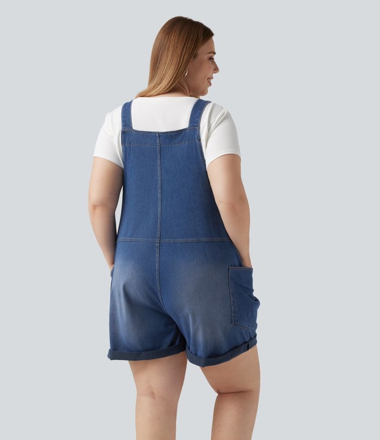 Plus Size Halara Flex™ V Neck Rolled Hem Washed Denim Casual Short Overalls with Pockets Plus Size Halara Flex™ V Neck Rolled Hem Washed Denim Casual Short Overalls with Pockets