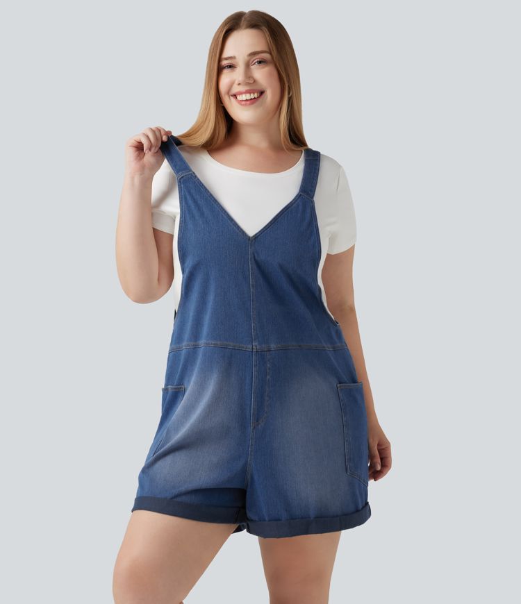 Plus Size Halara Flex™ V Neck Rolled Hem Washed Denim Casual Short Overalls with Pockets Plus Size Halara Flex™ V Neck Rolled Hem Washed Denim Casual Short Overalls with Pockets