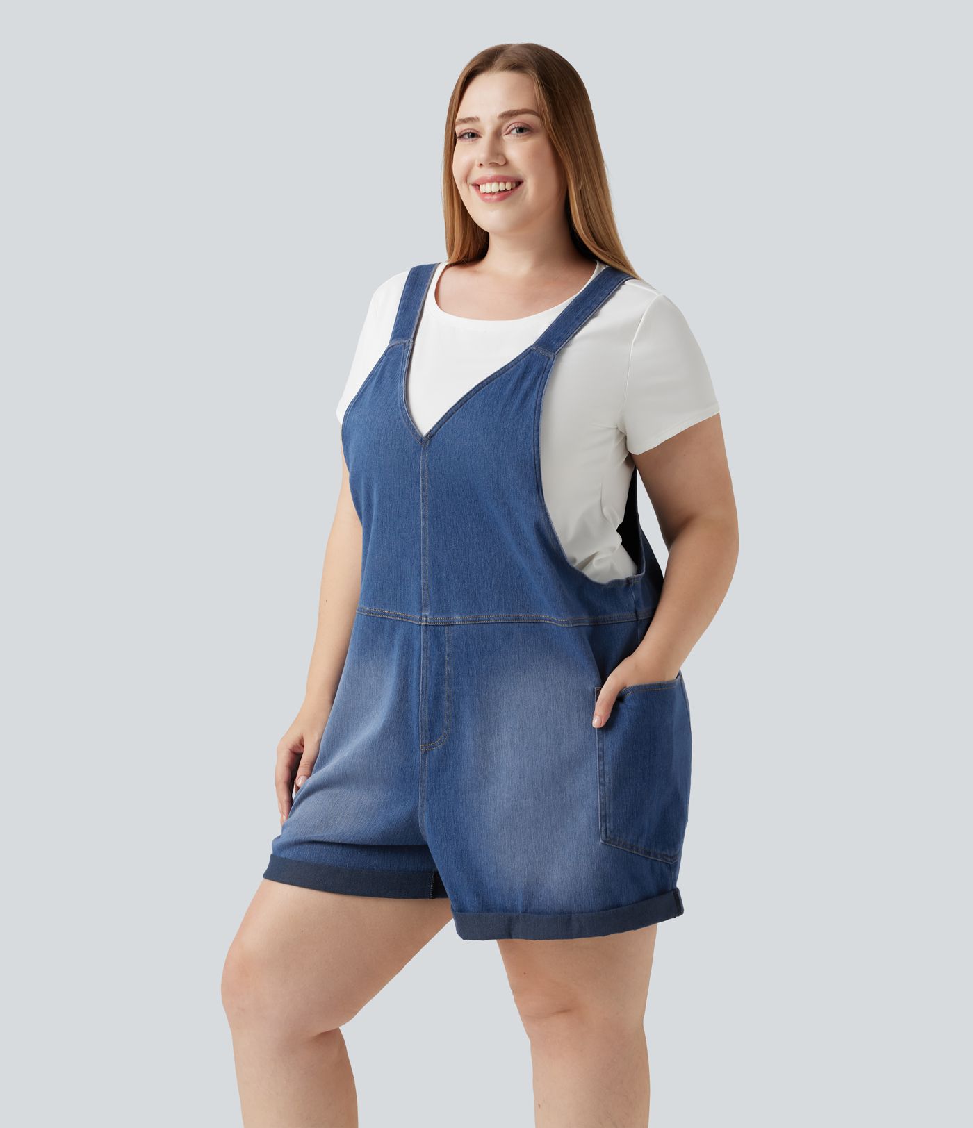 Plus Size Halara Flex™ V Neck Rolled Hem Washed Denim Casual Short Overalls with Pockets Plus Size Halara Flex™ V Neck Rolled Hem Washed Denim Casual Short Overalls with Pockets