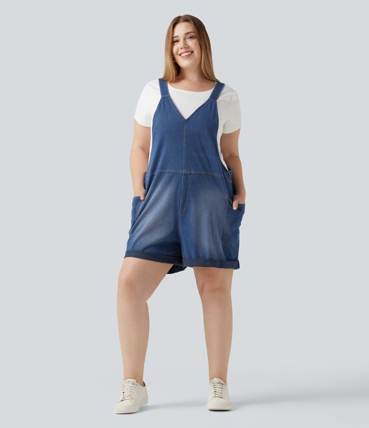 Plus Size Halara Flex™ V Neck Rolled Hem Washed Denim Casual Short Overalls with Pockets Plus Size Halara Flex™ V Neck Rolled Hem Washed Denim Casual Short Overalls with Pockets