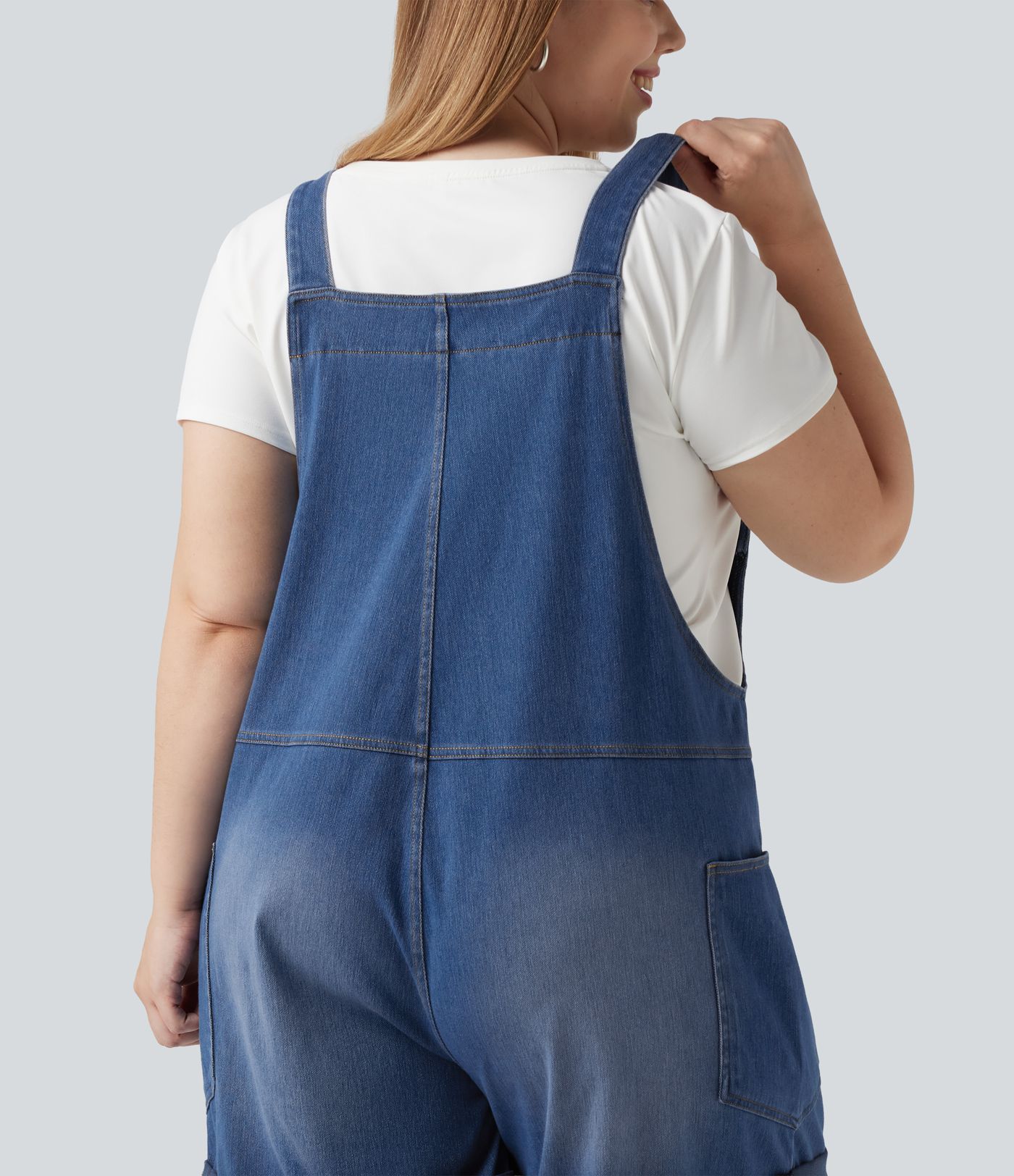 Plus Size Halara Flex™ V Neck Rolled Hem Washed Denim Casual Short Overalls with Pockets Plus Size Halara Flex™ V Neck Rolled Hem Washed Denim Casual Short Overalls with Pockets