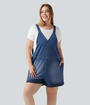 Plus Size Halara Flex™ V Neck Rolled Hem Washed Denim Casual Short Overalls with Pockets Plus Size Halara Flex™ V Neck Rolled Hem Washed Denim Casual Short Overalls with Pockets