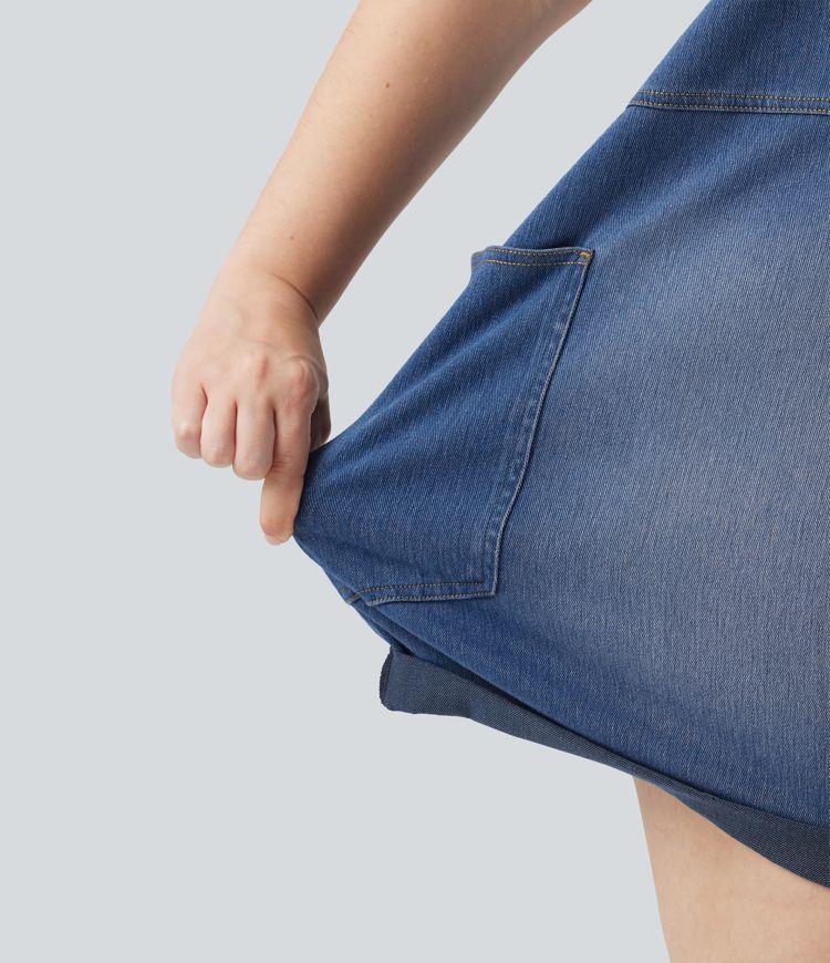Plus Size Halara Flex™ V Neck Rolled Hem Washed Denim Casual Short Overalls with Pockets Plus Size Halara Flex™ V Neck Rolled Hem Washed Denim Casual Short Overalls with Pockets