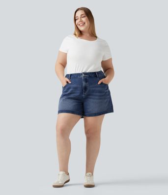 Plus Size Halara Flex™ Mid Rise Rolled Hem Denim Casual Shorts 5'' with Pockets