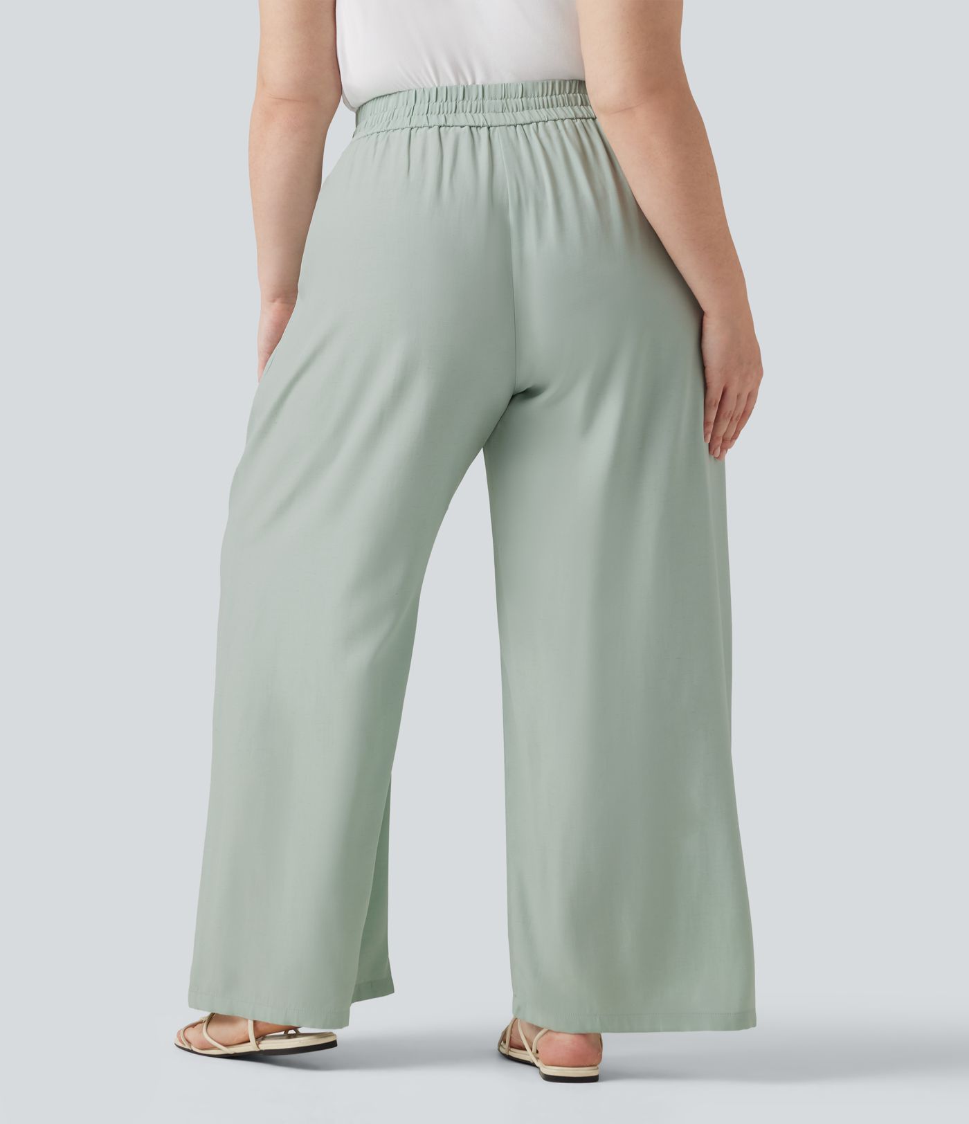 Plus Size High Waisted Drawstring Wide Leg Casual Linen-Blend Pants with Pockets Plus Size High Waisted Drawstring Wide Leg Casual Linen-Blend Pants with Pockets