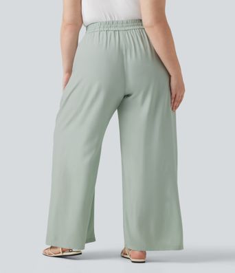 Plus Size High Waisted Drawstring Wide Leg Casual Linen-Blend Pants with Pockets Plus Size High Waisted Drawstring Wide Leg Casual Linen-Blend Pants with Pockets