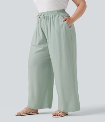 Plus Size High Waisted Drawstring Wide Leg Casual Linen-Blend Pants with Pockets Plus Size High Waisted Drawstring Wide Leg Casual Linen-Blend Pants with Pockets