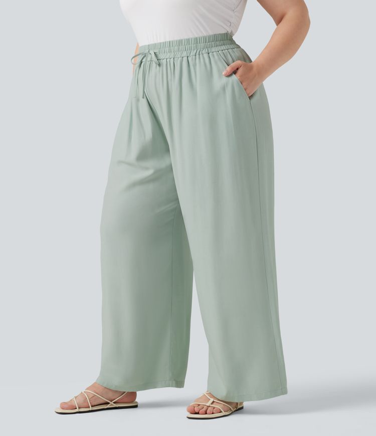 Plus Size High Waisted Drawstring Wide Leg Casual Linen-Blend Pants with Pockets Plus Size High Waisted Drawstring Wide Leg Casual Linen-Blend Pants with Pockets