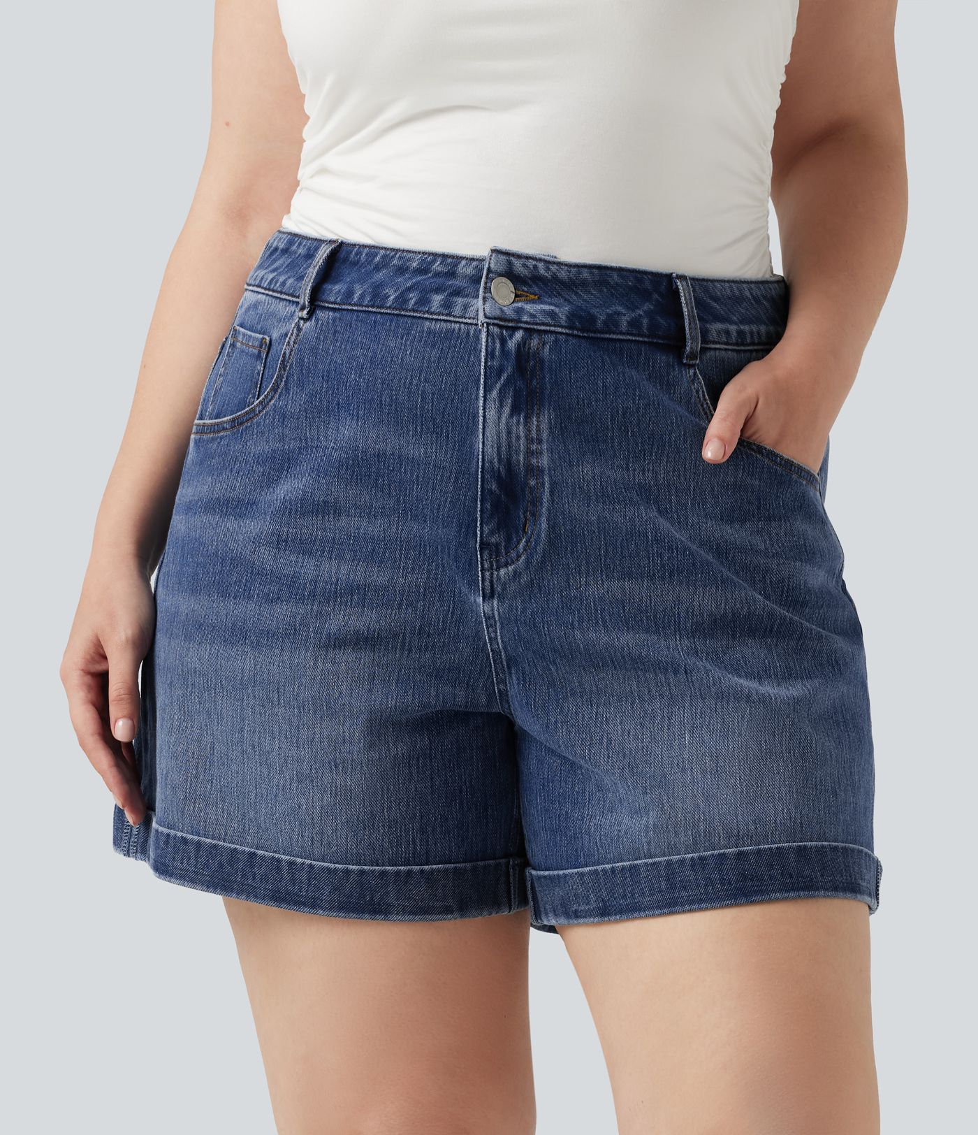 Plus Size Halara Flex™ Mid Rise Rolled Hem Denim Casual Shorts 5'' with Pockets