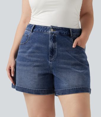 Plus Size Halara Flex™ Mid Rise Rolled Hem Denim Casual Shorts 5'' with Pockets