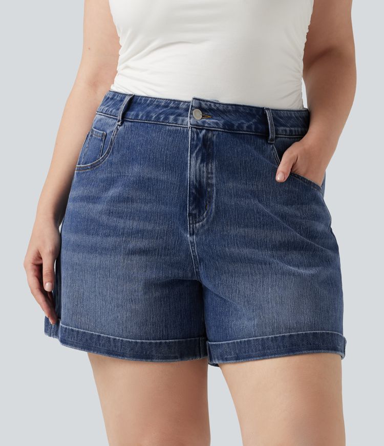 Plus Size Halara Flex™ Mid Rise Rolled Hem Denim Casual Shorts 5'' with Pockets