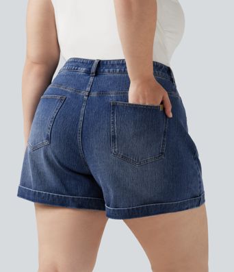 Plus Size Halara Flex™ Mid Rise Rolled Hem Denim Casual Shorts 5'' with Pockets