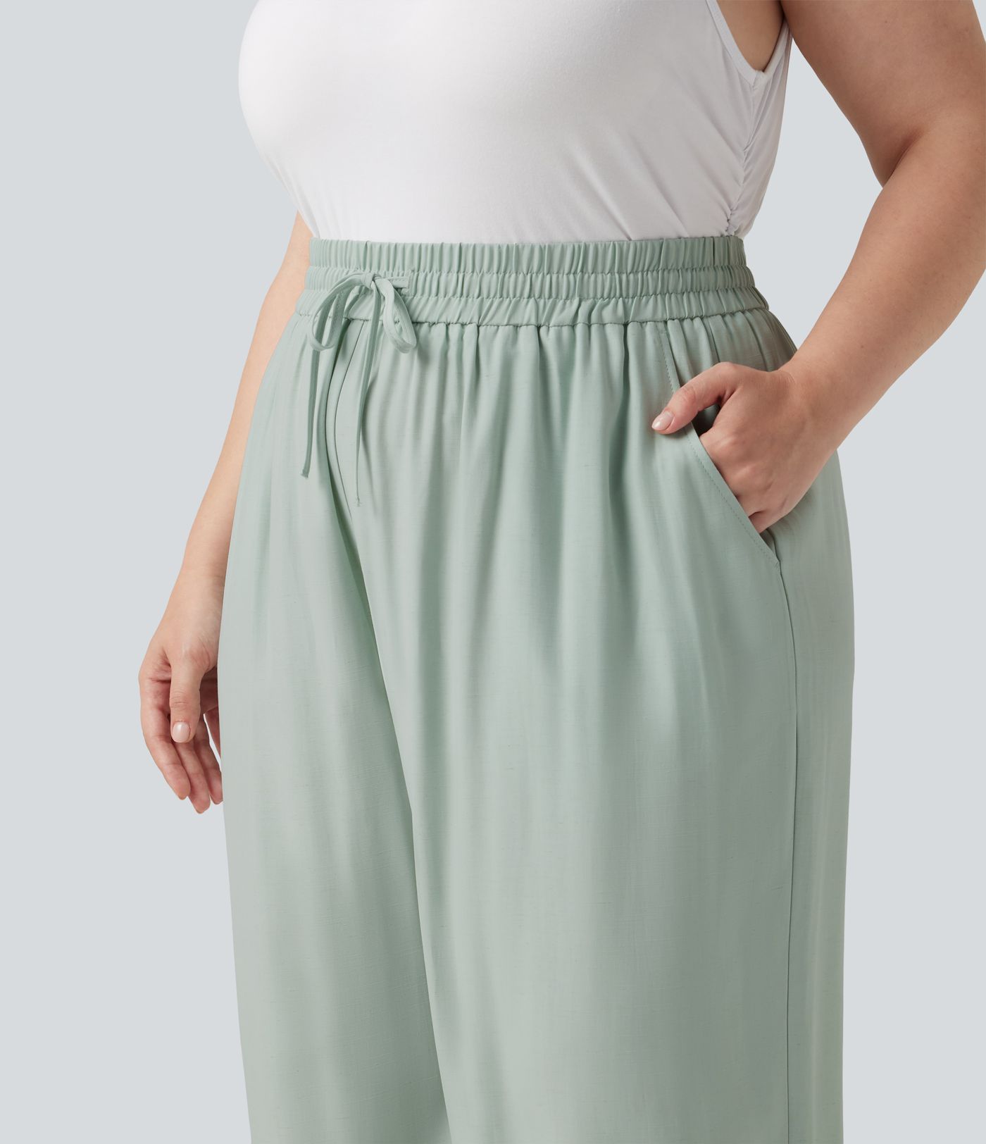 Plus Size High Waisted Drawstring Wide Leg Casual Linen-Blend Pants with Pockets Plus Size High Waisted Drawstring Wide Leg Casual Linen-Blend Pants with Pockets