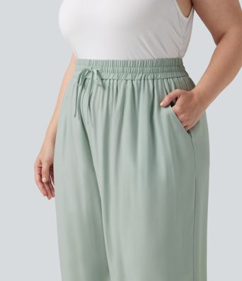 Plus Size High Waisted Drawstring Wide Leg Casual Linen-Blend Pants with Pockets Plus Size High Waisted Drawstring Wide Leg Casual Linen-Blend Pants with Pockets