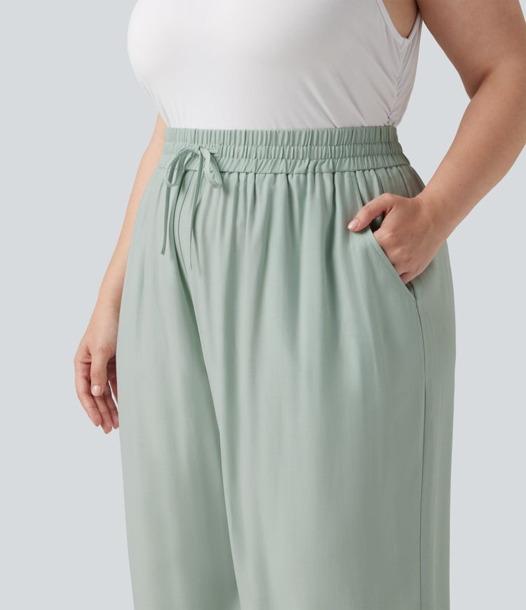 Plus Size High Waisted Drawstring Wide Leg Casual Linen-Blend Pants with Pockets Plus Size High Waisted Drawstring Wide Leg Casual Linen-Blend Pants with Pockets