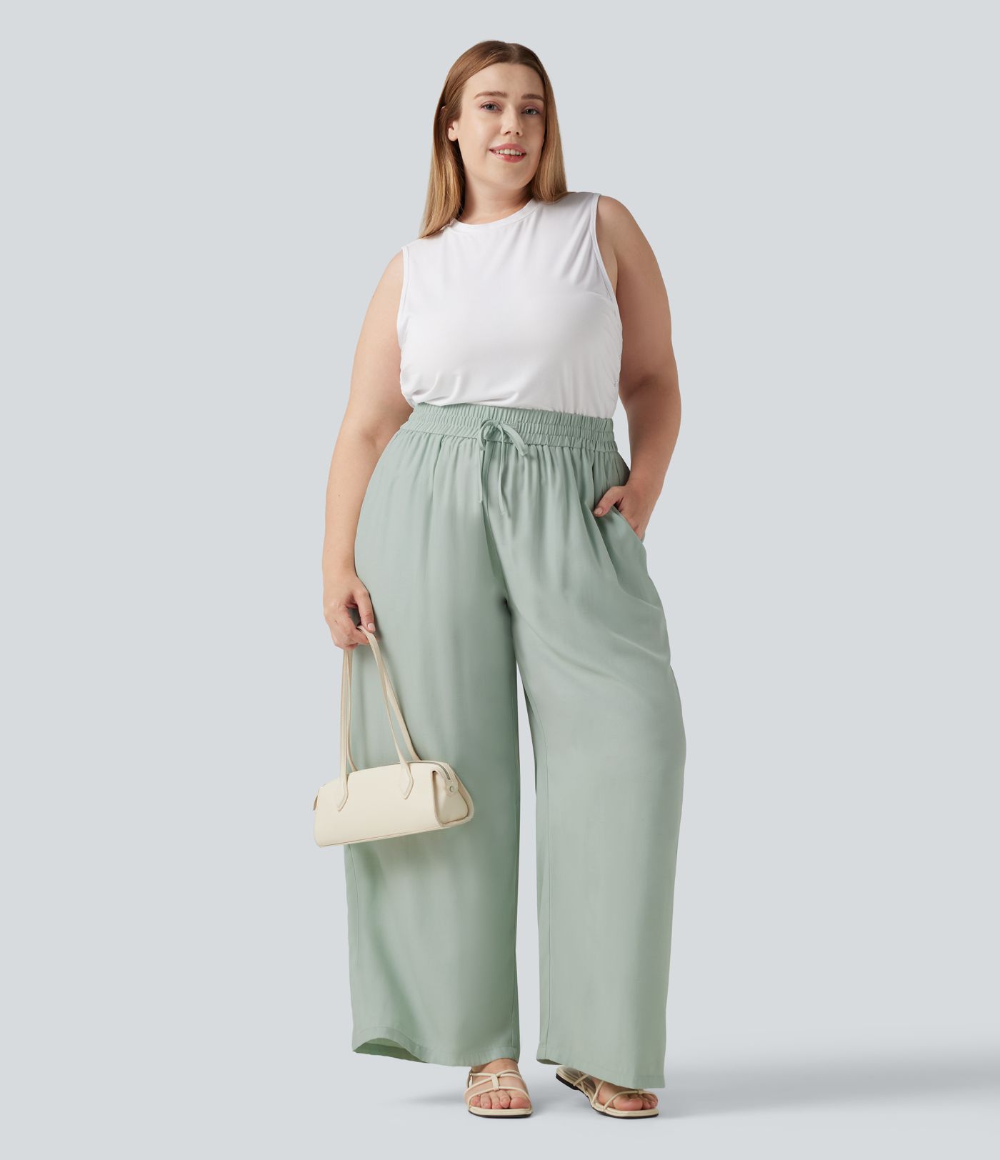 Plus Size High Waisted Drawstring Wide Leg Casual Linen-Blend Pants with Pockets Plus Size High Waisted Drawstring Wide Leg Casual Linen-Blend Pants with Pockets