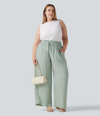Plus Size High Waisted Drawstring Wide Leg Casual Linen-Blend Pants with Pockets Plus Size High Waisted Drawstring Wide Leg Casual Linen-Blend Pants with Pockets