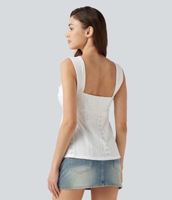 Ruched Drawstring Built-in Bra Eyelet Casual Tank Top