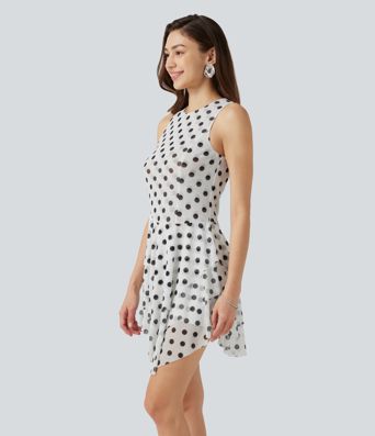 Round Neck Sleeveless Asymmetric Layered 2-Piece Polka Dot Mini Dress with Pocket Round Neck Sleeveless Asymmetric Layered 2-Piece Polka Dot Mini Dress with Pocket