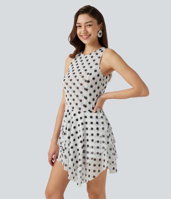 Round Neck Sleeveless Asymmetric Layered 2-Piece Polka Dot Mini Dress with Pocket Round Neck Sleeveless Asymmetric Layered 2-Piece Polka Dot Mini Dress with Pocket