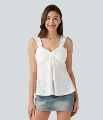 Ruched Drawstring Built-in Bra Eyelet Casual Tank Top